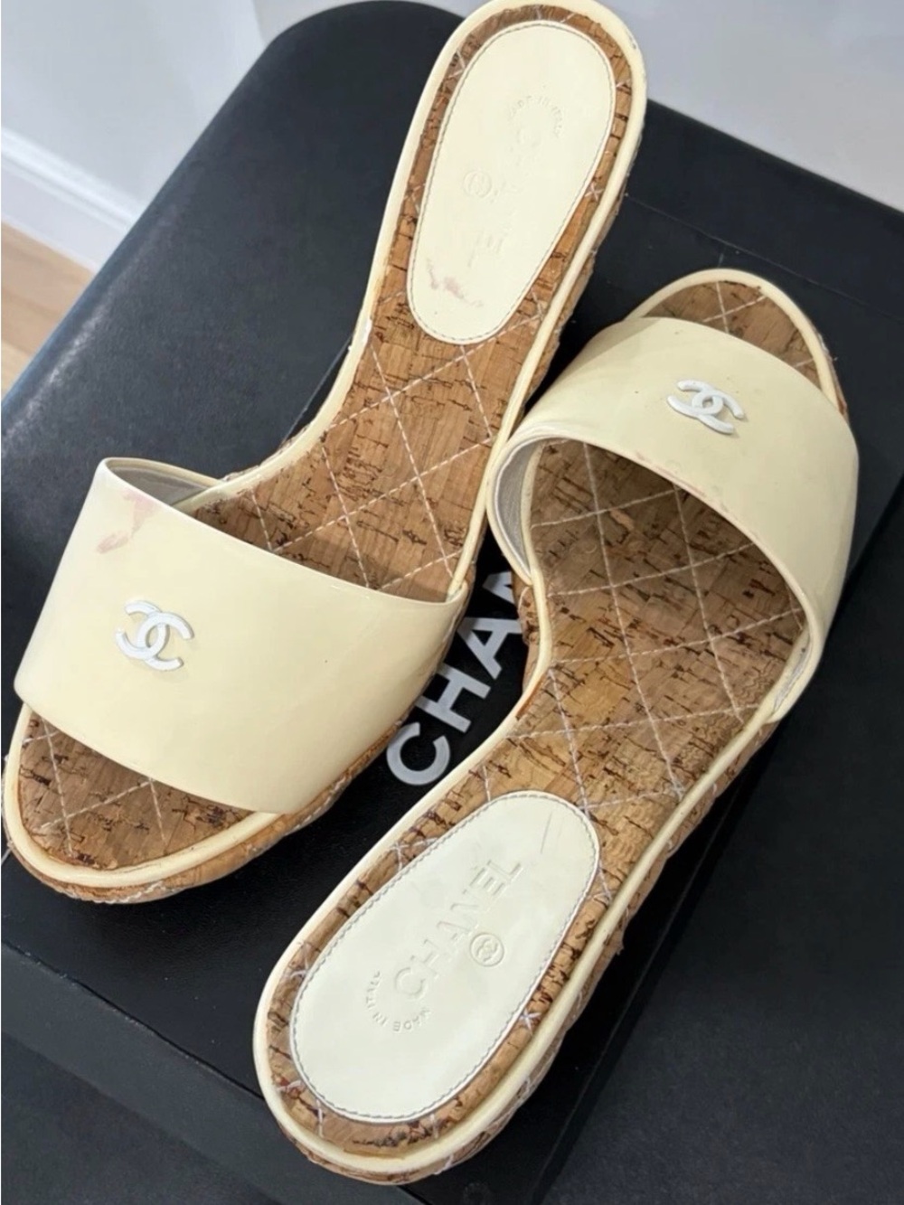 Chanel Cream Patent Slide Wedge Sandals, Size 38 - Picture 8 of 8